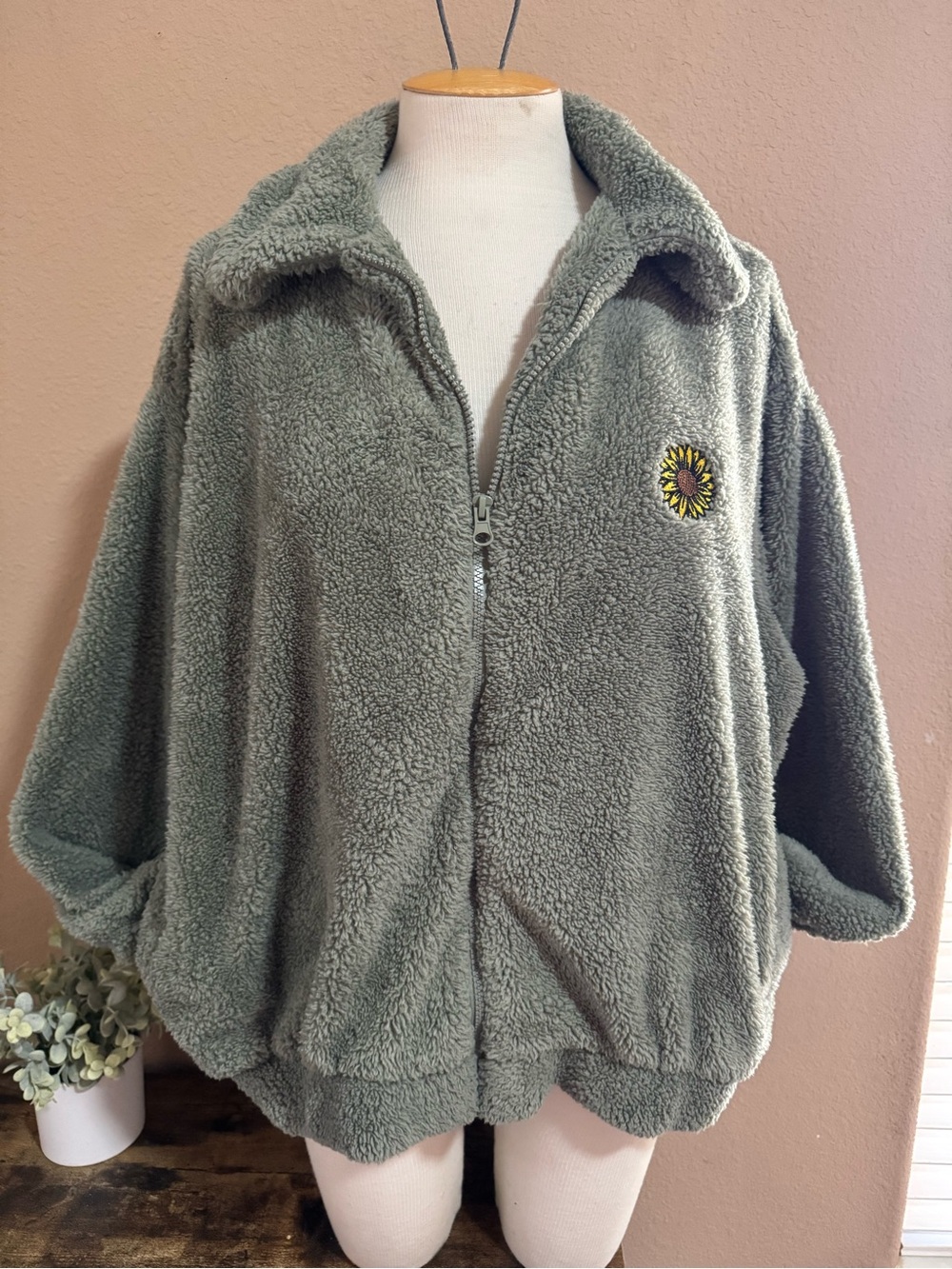 Olive Teddy Jacket with Sunflower Embroidered Patch